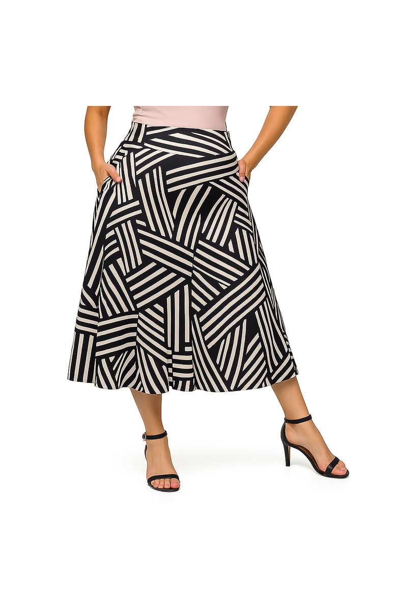 24seven Comfort Apparel Maternity Black Geometric Print Elastic Waist Pocket Midi Skirt, Main, color, Black Multi