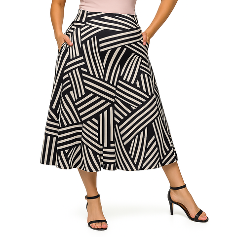 Maternity Black Geometric Print Elastic Waist Pocket Midi Skirt