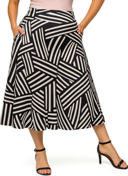 24seven Comfort Apparel Maternity Black Geometric Print Elastic Waist Pocket Midi Skirt