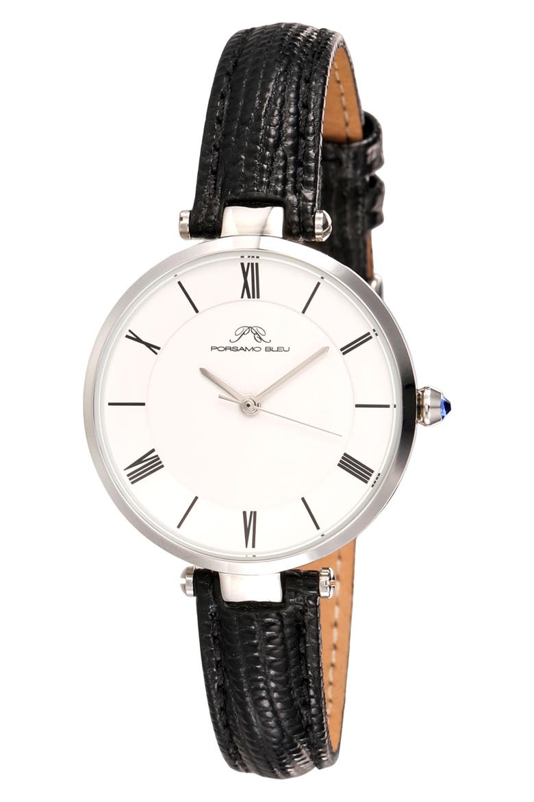 Bellevue Leather Strap Watch, 32mm, Main, color, BLACK SILVER TONE