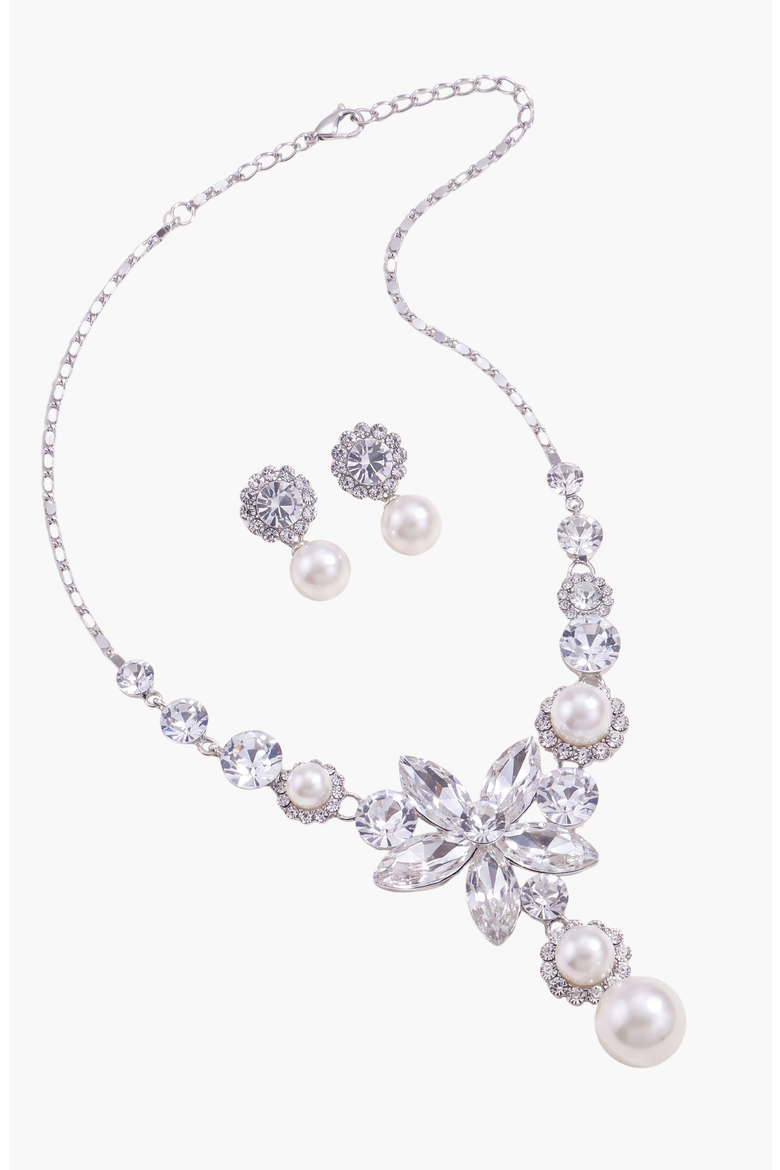Flower Pearl Drop Necklace and Earrings Set, Alternate, color, Silver