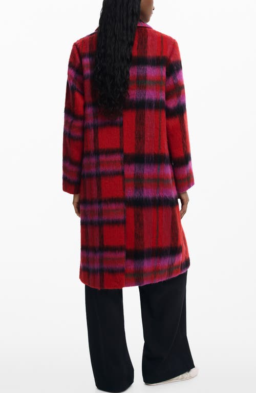 Desigual Tartan Plaid Fuzzy Coat In Red