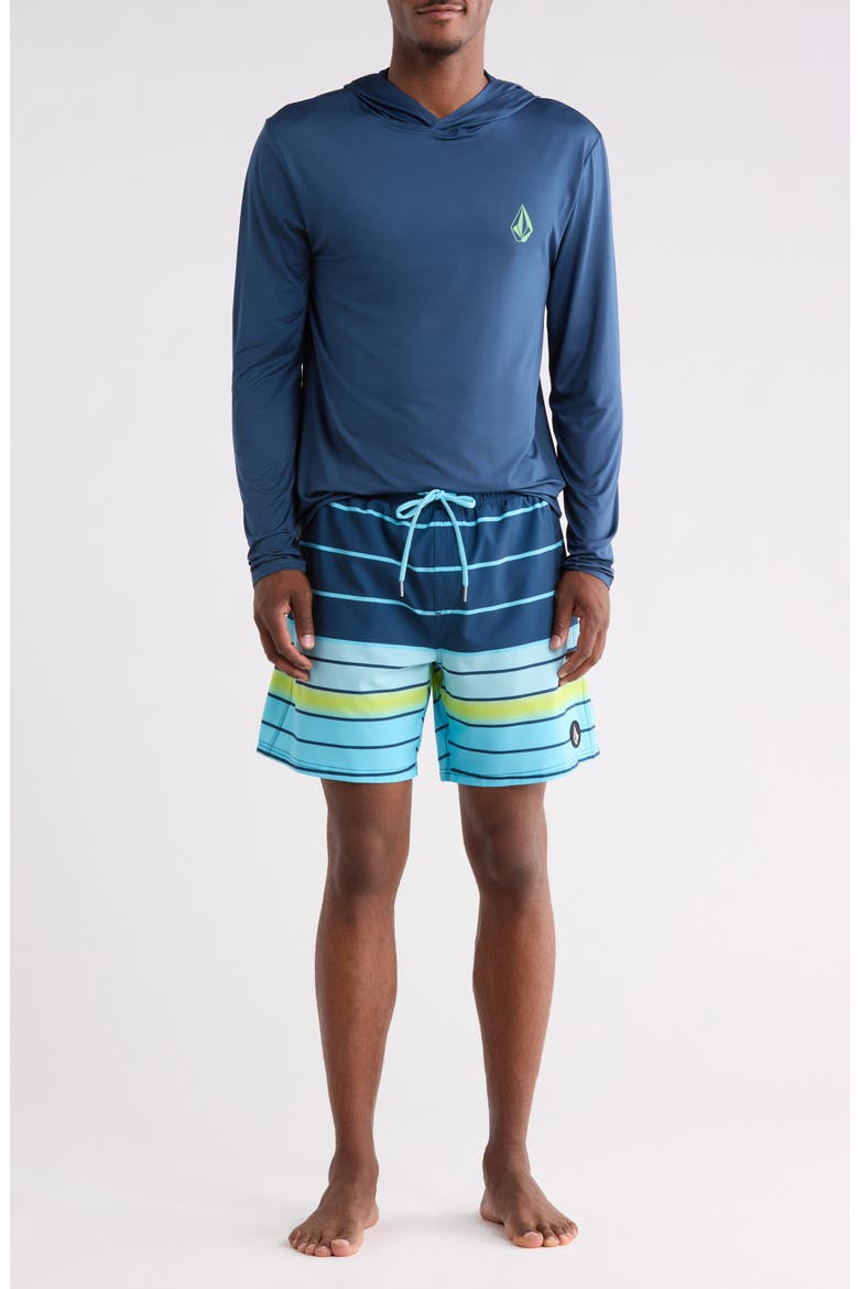 Hooded Rashguard & Swim Trunks Two-Piece Swimsuit, Main, color, DEEP BLUE