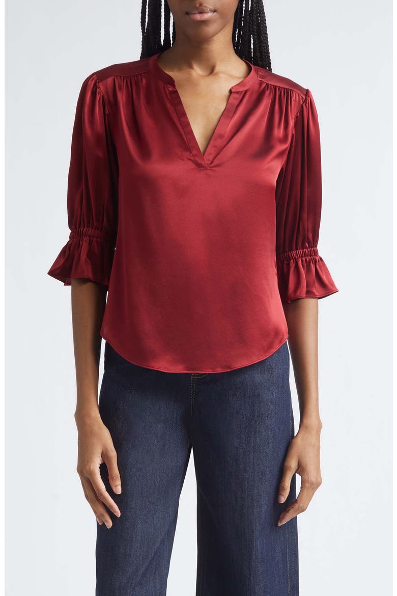 Fiona Split Neck Silk Top, Main, color, BERRYWINE