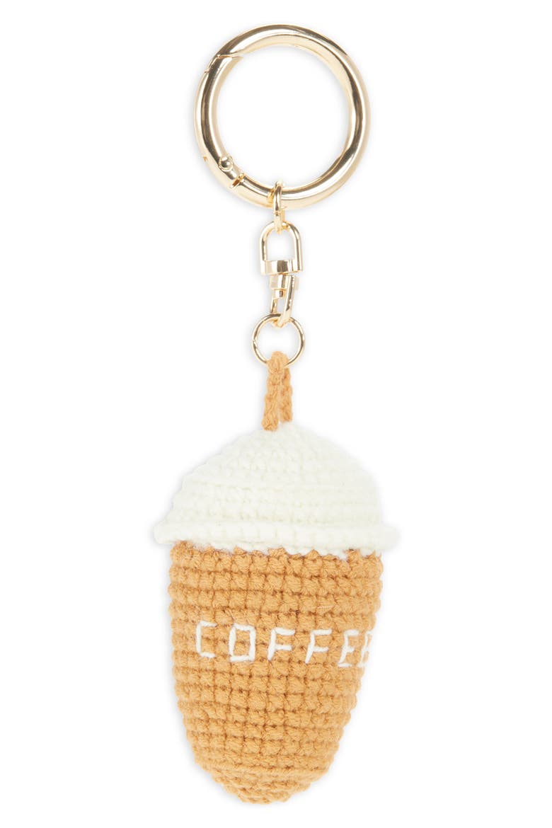 Crochet Coffee Cup Bag Charm, Main, color, BROWN MULTI- GOLD