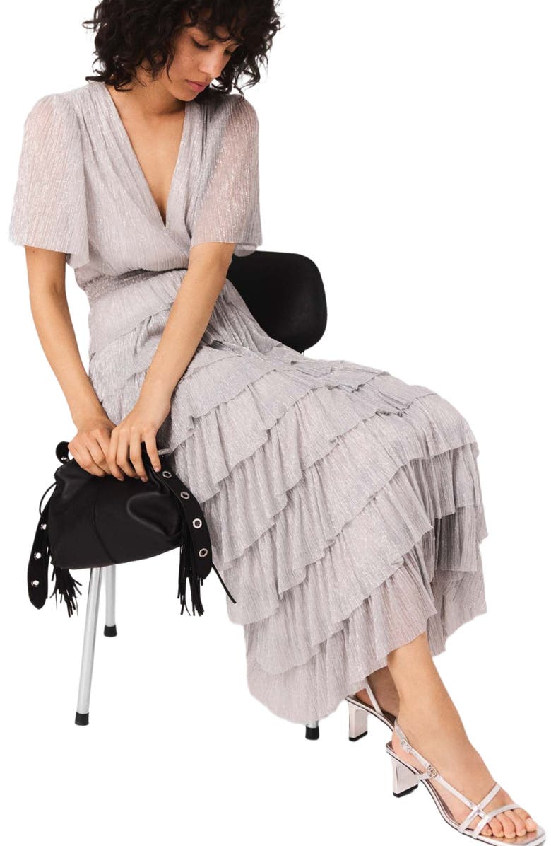 maje Metallic ruffled midi dress, Alternate, color, Silver