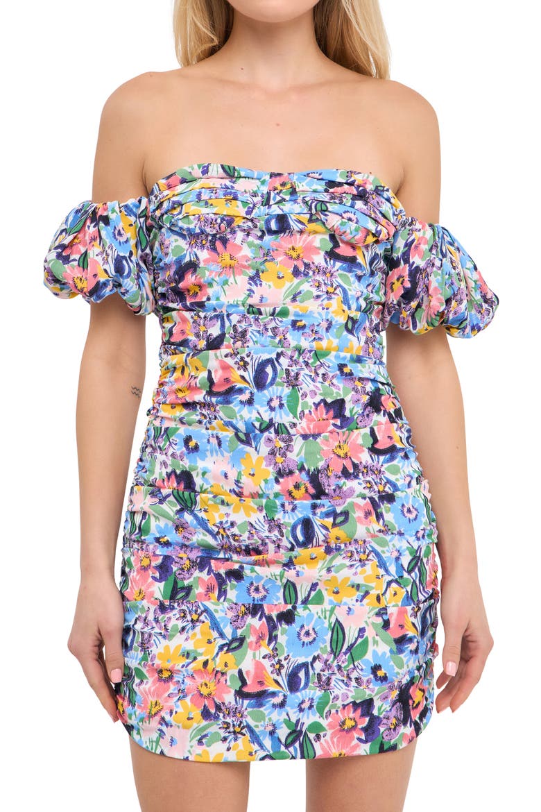 Off the Shoulder Floral Puff Sleeve Minidress, Alternate, color, MULTI