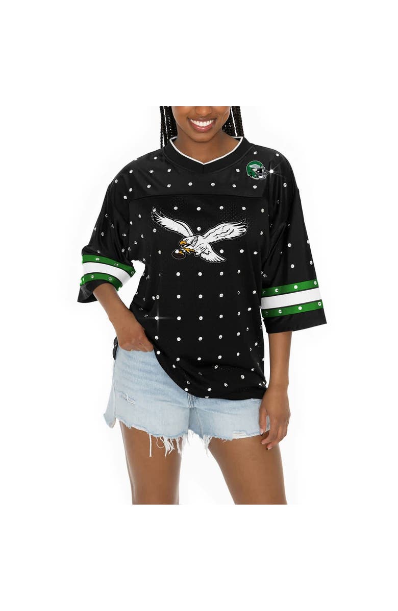 GAMEDAY COUTURE Women's Gameday Couture Black Philadelphia Eagles Kickoff Time Allover Rhinestone Sports Stripe Jersey V-Neck T-Shirt, Alternate, color, 