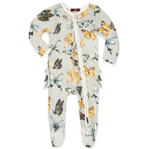 Milkbarn Ruffle Zipper Footed Romper In Gray