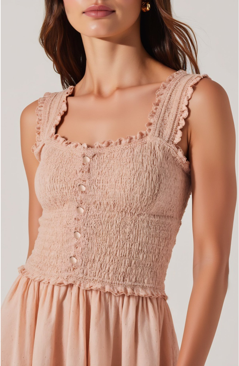 Modenaire Smocked Button-Front Ruffle-Strap Midi Dress, Alternate, color, Light Pink