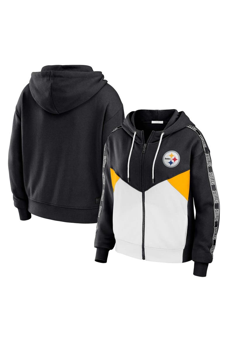 Women's WEAR by Erin Andrews Black/White Pittsburgh Steelers Plus Size Color Block Full-Zip Hoodie, Alternate, color, Black