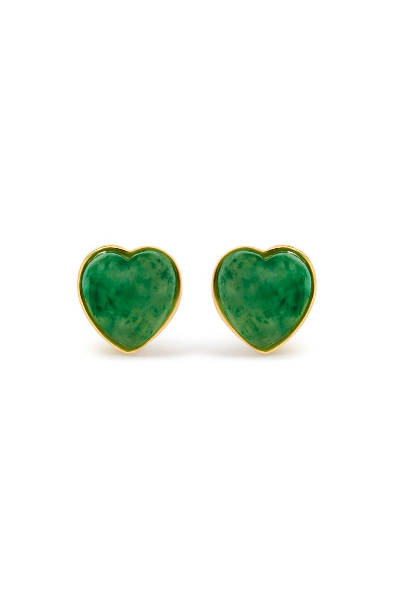 18K Yellow Gold 9x8 MM Bezel Set Green Jade Heart Stud Earrings, Main, color, Yellow Gold