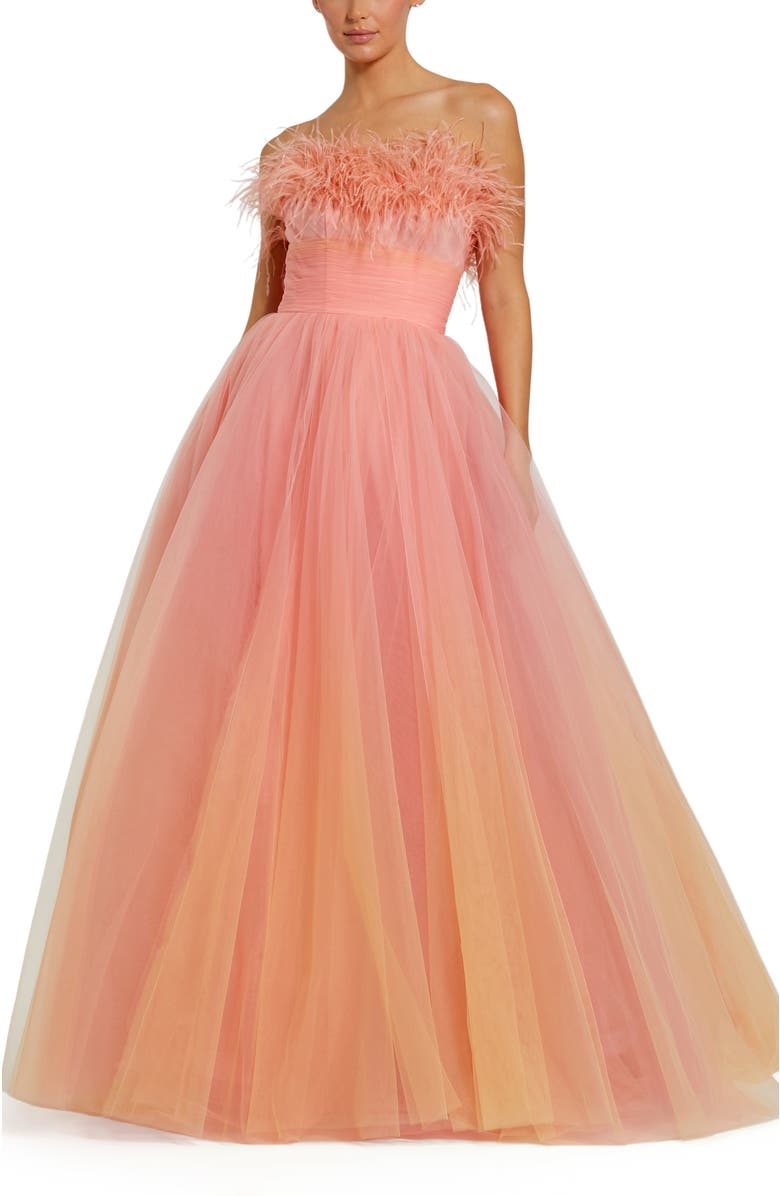 Mac Duggal Strapless Feather Bodice Ombre Tulle Ballgown, Main, color, Coral Ombre