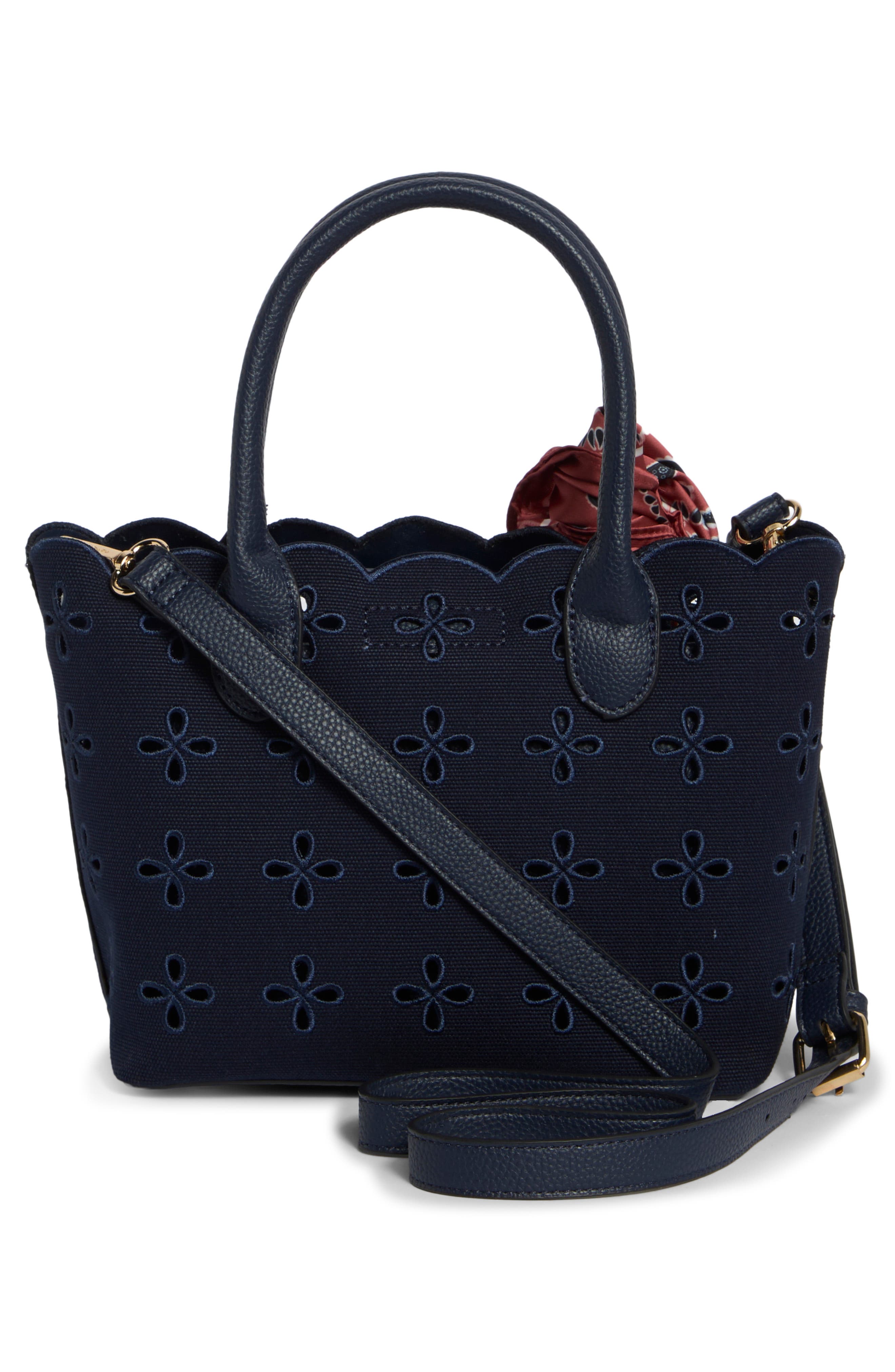 Eyelet Embroidered Denim Satchel, Alternate, color, NAVY / AMERICANA SCARF