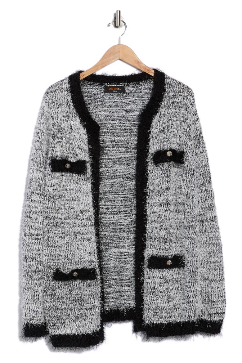 Open Front Fuzzy Knit Cardigan, Alternate, color, BLACK/ SILVER