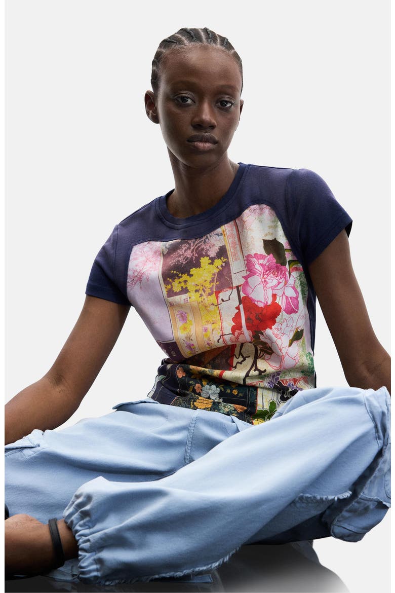 Floral Print Stretch Cotton T-Shirt, Alternate, color, BLACK