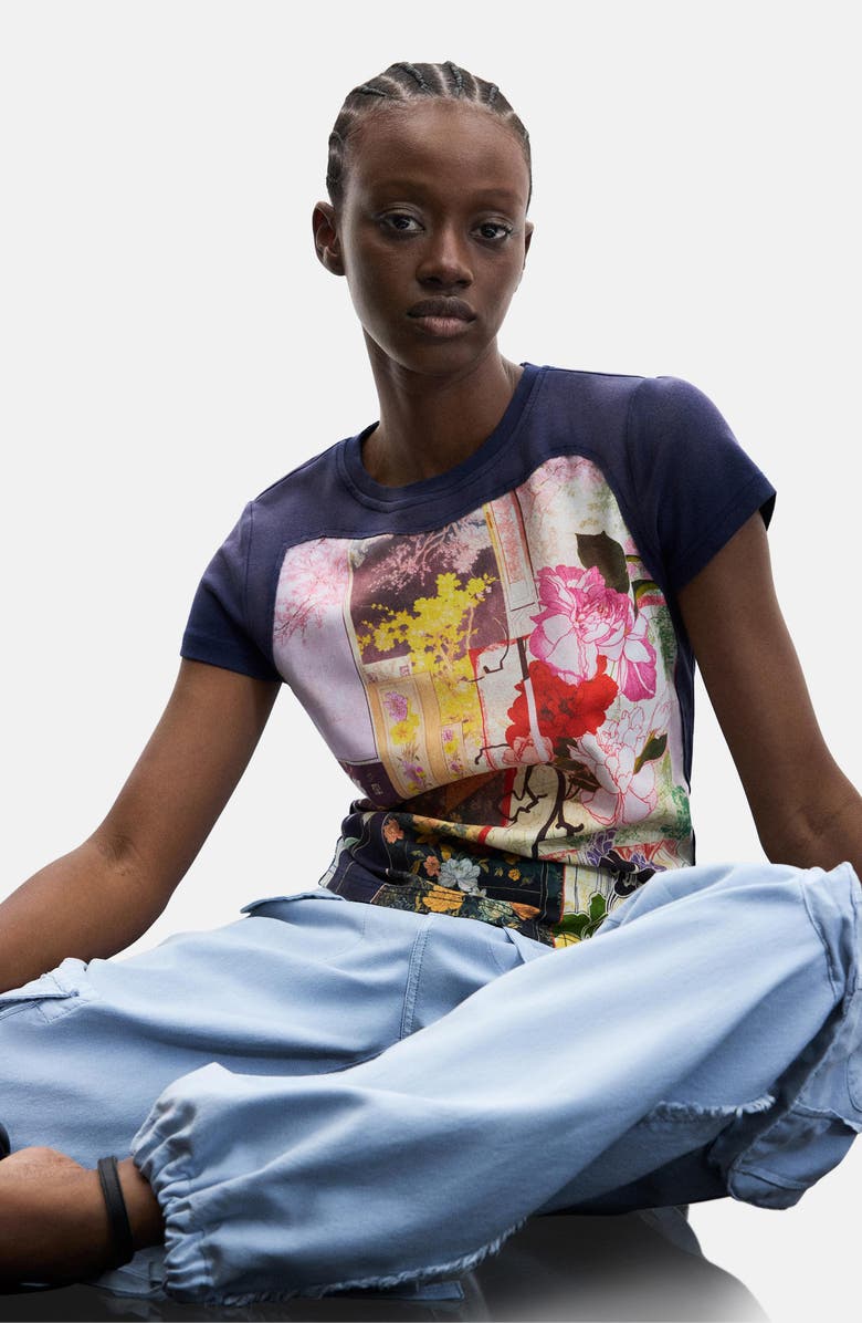 Desigual Floral Print Stretch Cotton T-Shirt, Alternate, color, 