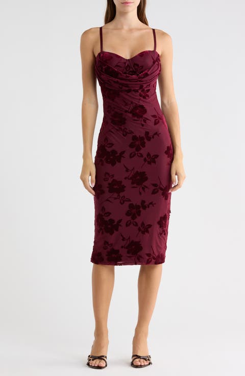 Floral Devoré Cowl Neck Midi Dress