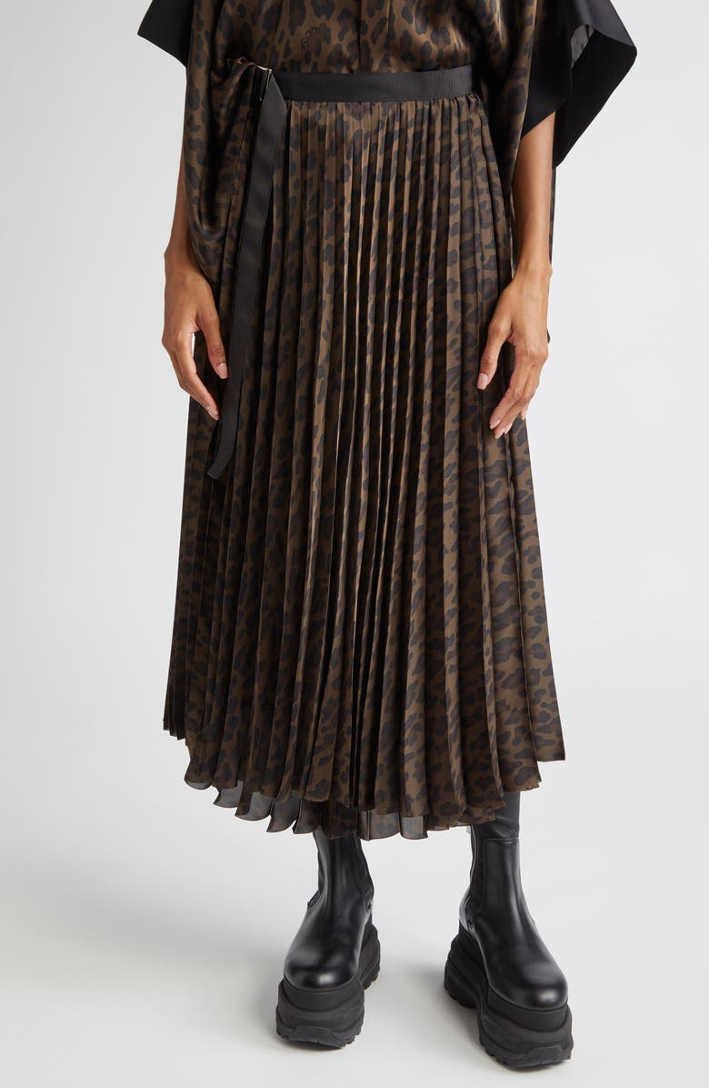 Sacai Pleated Leopard Print Satin Midi Skirt, Main, color, 