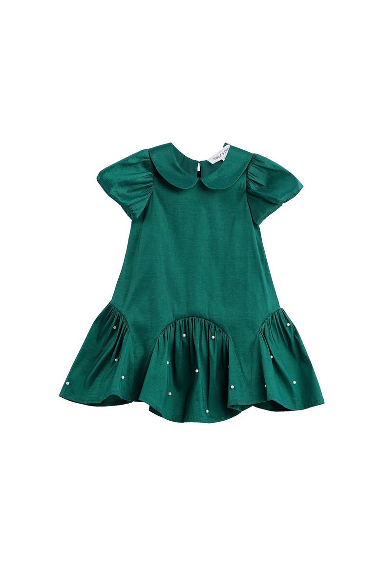 Holly and Pearls Short Sleeve Solid Pearl Embellished Drop Waist Dress, Main, color, Green
