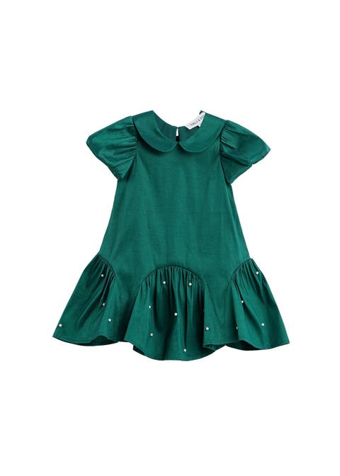 Holly and Pearls Short Sleeve Solid Pearl Embellished Drop Waist Dress
