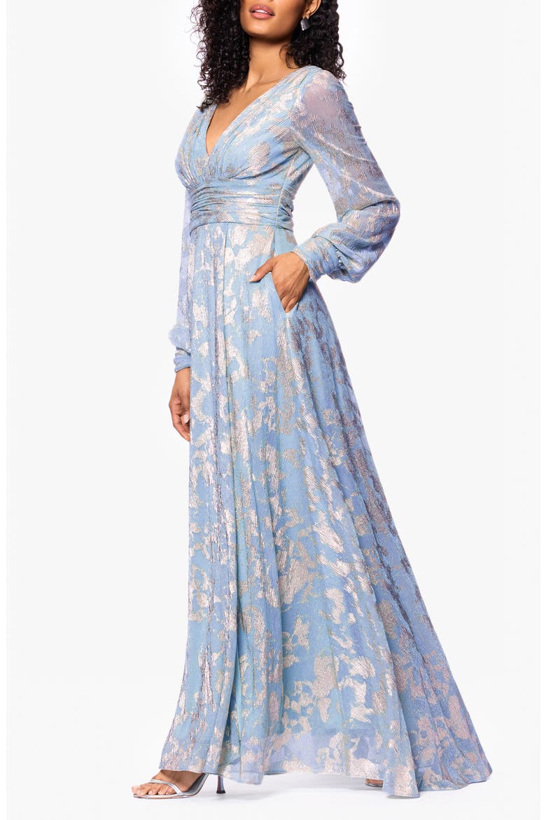 Foil Pattern Long Sleeve Gown, Alternate, color, PERIWINKLE/GOLD