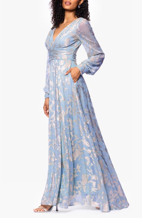 Betsy & Adam Foil Pattern Long Sleeve Gown In Blue