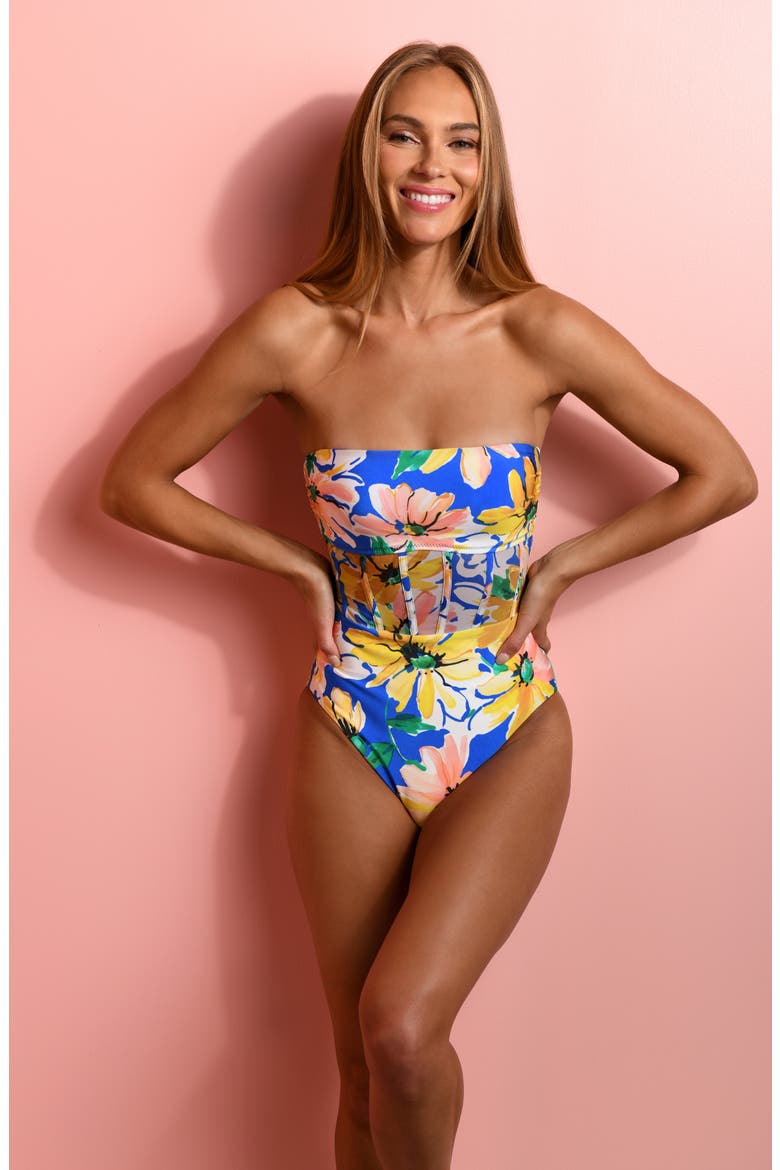 Sunflower Bandeau One-Piece Swimsuit, Alternate, color, BLUE MULTI