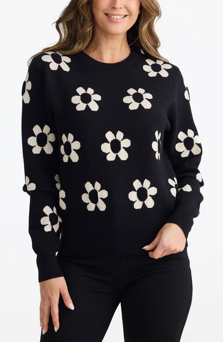 Brave+True Flower Crewneck Sweater, Alternate, color, Black W Natural