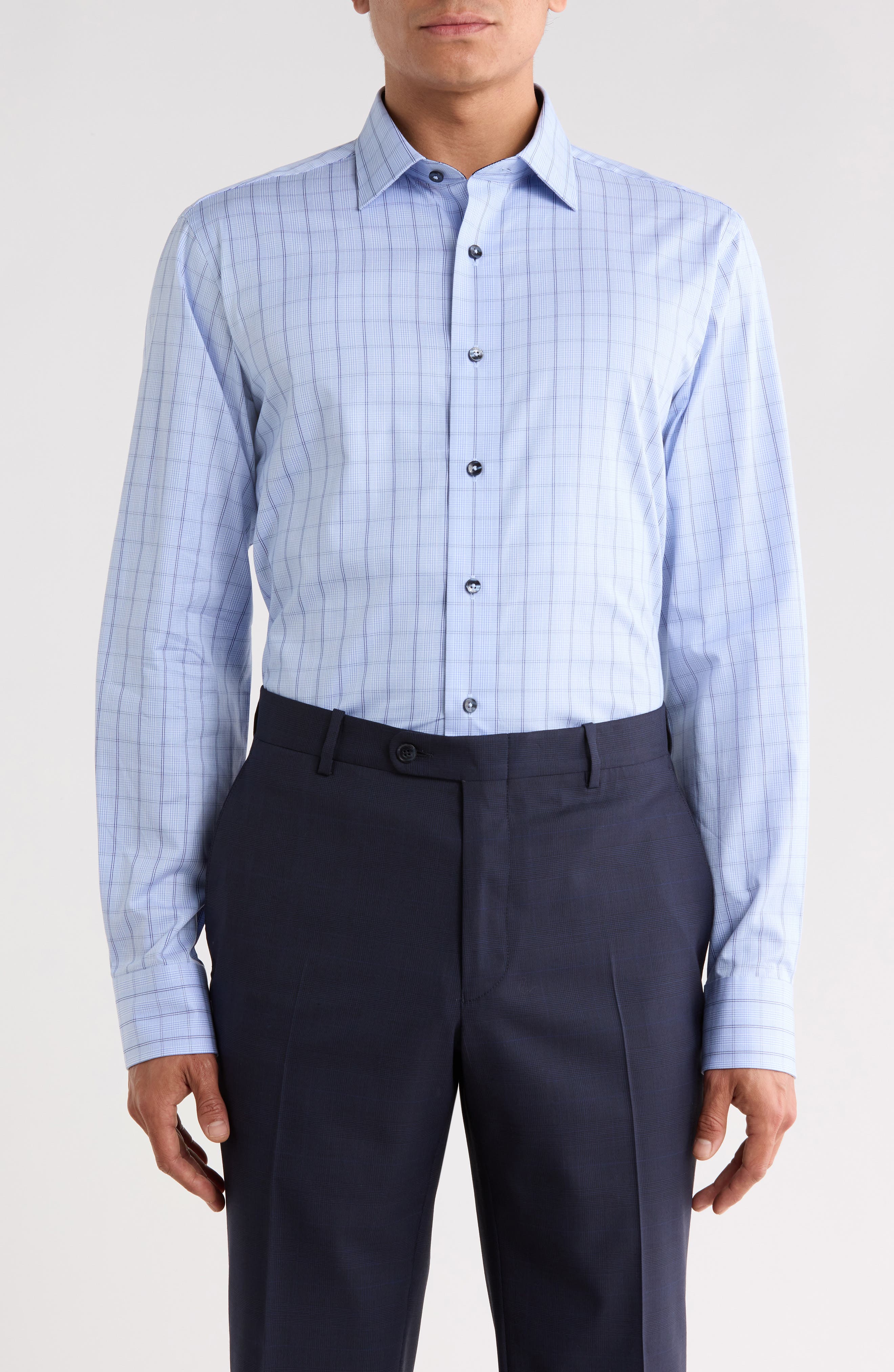 Trim Fit Textured Plaid Cotton Dress Shirt