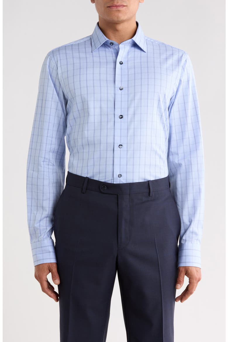 Trim Fit Textured Plaid Cotton Dress Shirt, Main, color, LIGHT BLUE