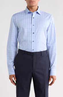 Trim Fit Textured Plaid Cotton Dress Shirt