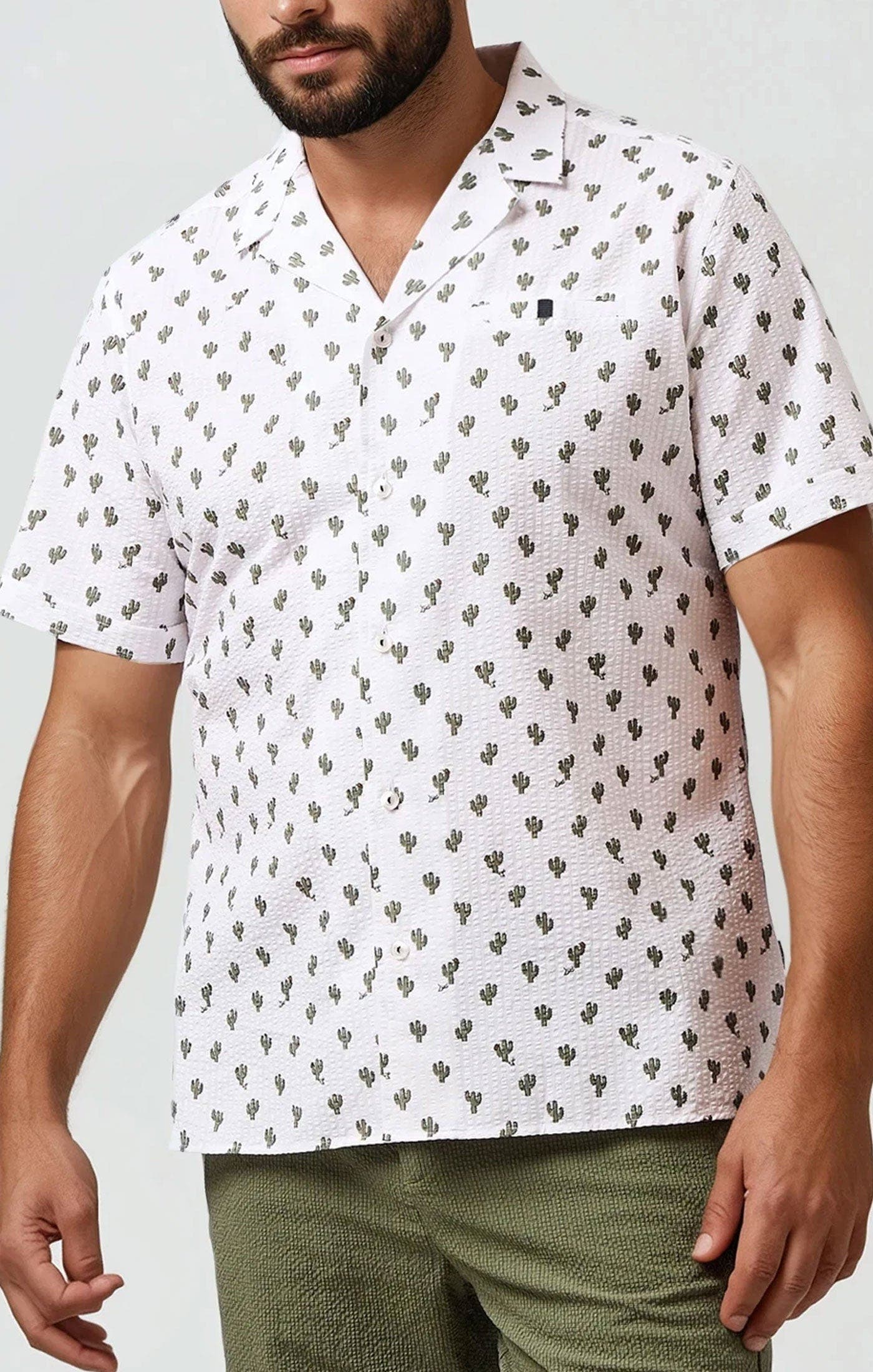 Stone Rose Seersucker Cactus Print Resort SS Button-Up Shirt (Men ...