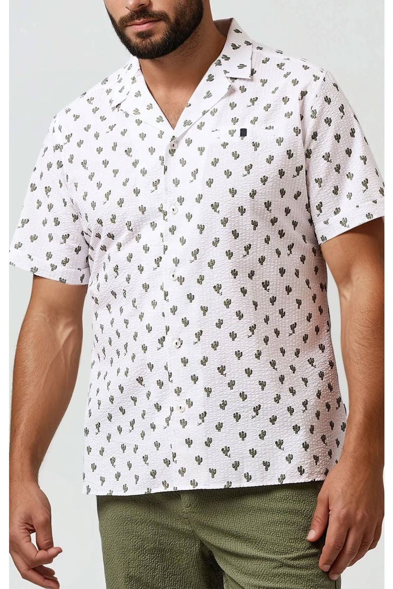 Seersucker Cactus Print Resort SS Button-Up Shirt, Alternate, color, White
