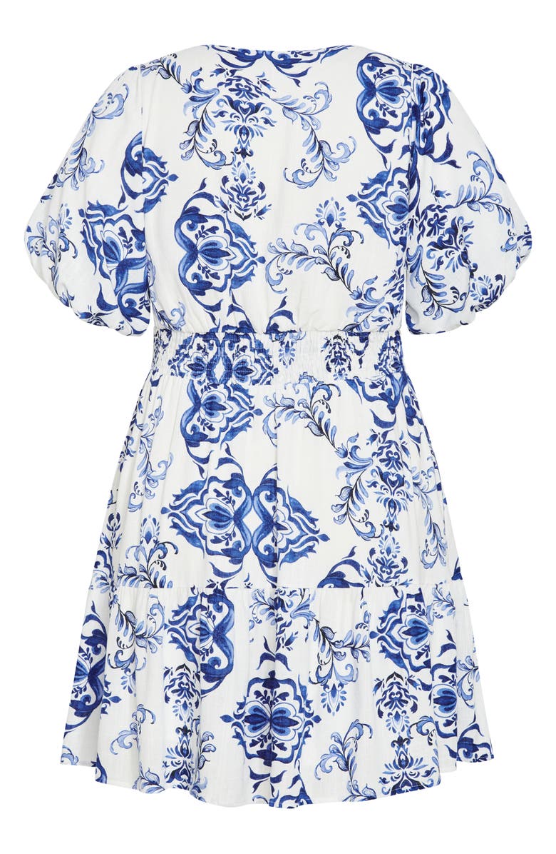 City Chic Winslow Print Ruffle Hem Puff Sleeve Dress, Alternate, color, Willow Blue