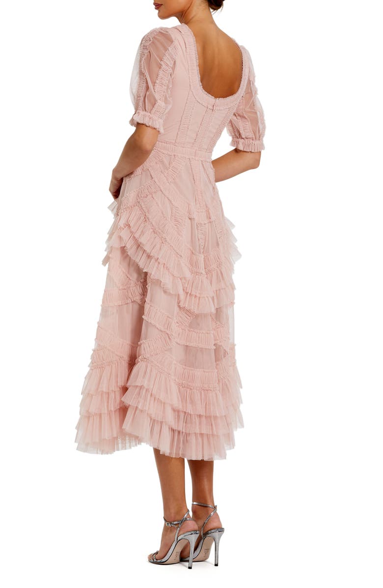 Mac Duggal Women's Short Sleeve Mesh Mirco Ruffle Midi Dress, Alternate, color, Porcelain