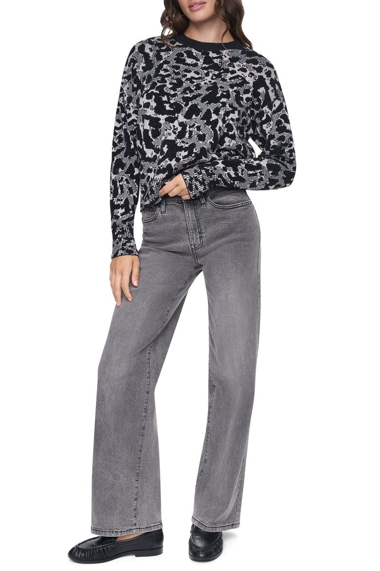 Leopard Jacquard Crewneck Sweater, Alternate, color, FEATHER HEATHER/BLACK