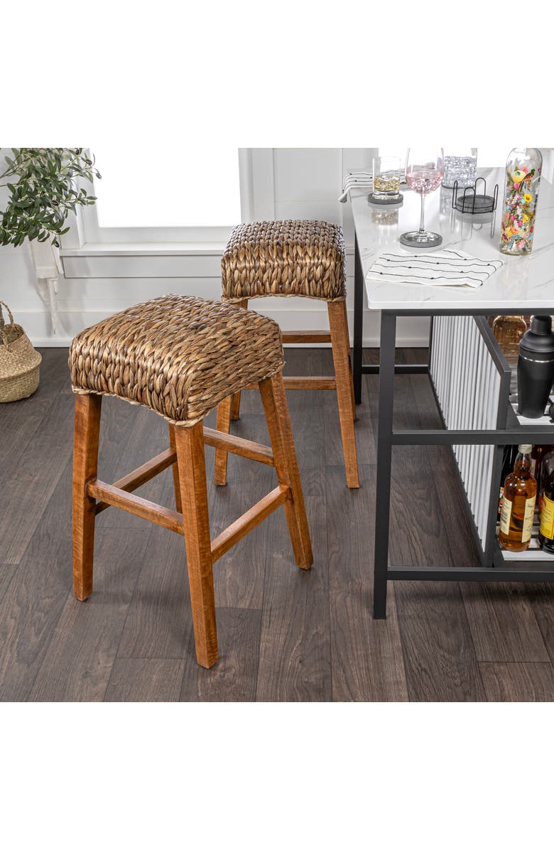 JONATHAN Y Maui Hyacinth/Wood Backless Stool, Woven Seat with Natural Wood Frame, Alternate, color, Brown (29.5" Bar Stool)