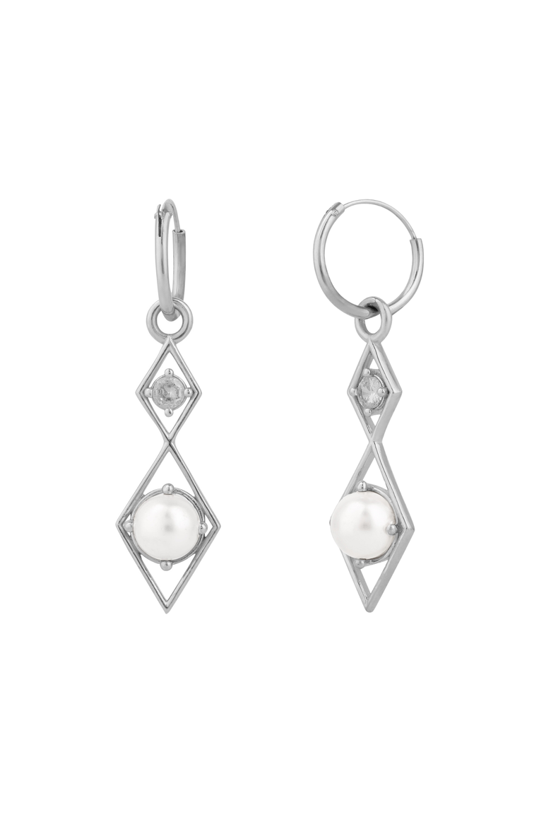 Sterling Silver Rhombus 3D Pearl Earrings, Main, color, Silver