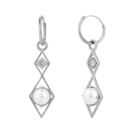 Sterling Silver Rhombus 3D Pearl Earrings