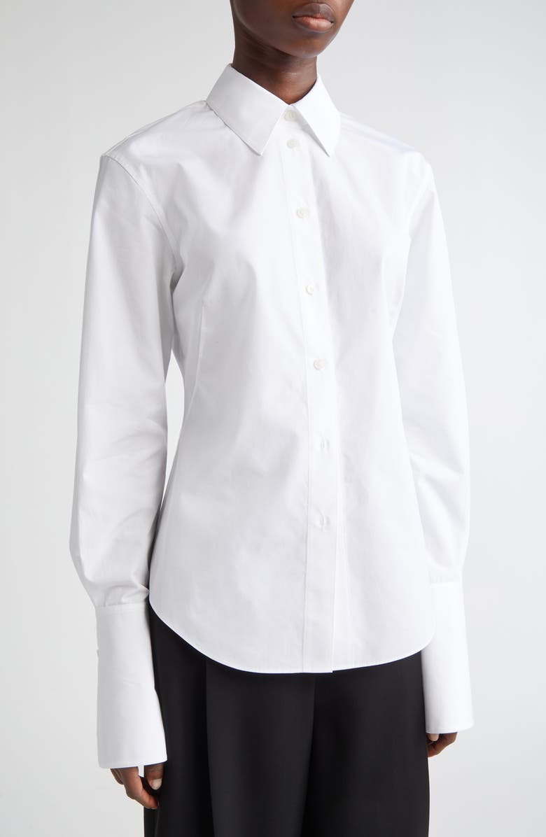 Lafayette 148 New York Fitted Organic Cotton Poplin Button-Up Shirt, Alternate, color, White