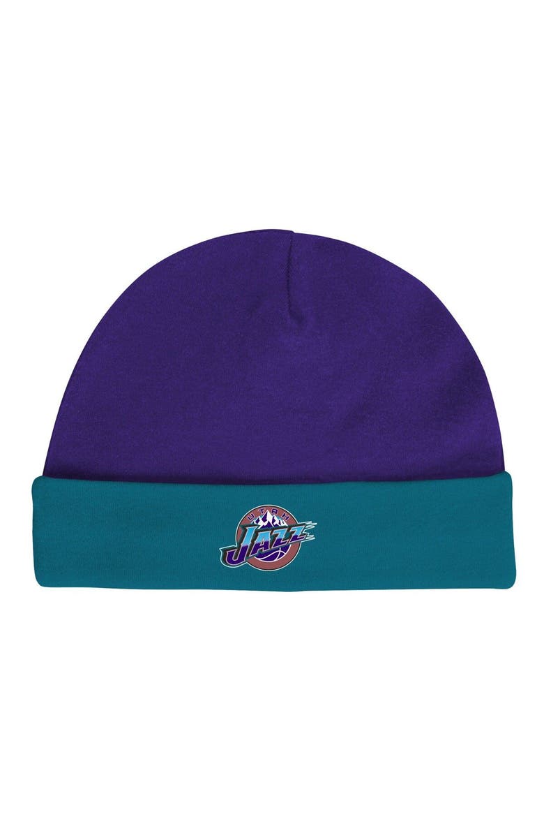 Infant Mitchell & Ness Purple/Teal Utah Jazz Hardwood Classics Bodysuits & Cuffed Knit Hat Set, Alternate, color, Purple