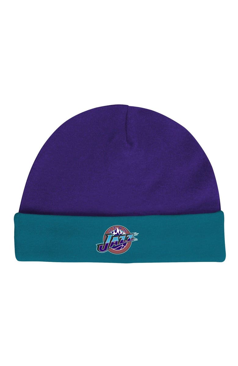 Mitchell & Ness Infant Mitchell & Ness Purple/Teal Utah Jazz Hardwood Classics Bodysuits & Cuffed Knit Hat Set, Alternate, color, Purple