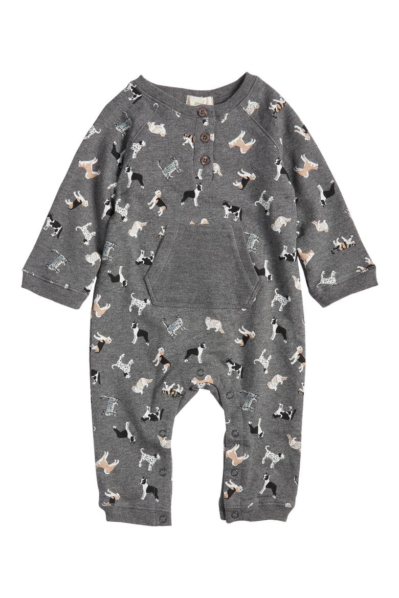 Puppies Print Cotton Romper, Main, color, DARK GREY