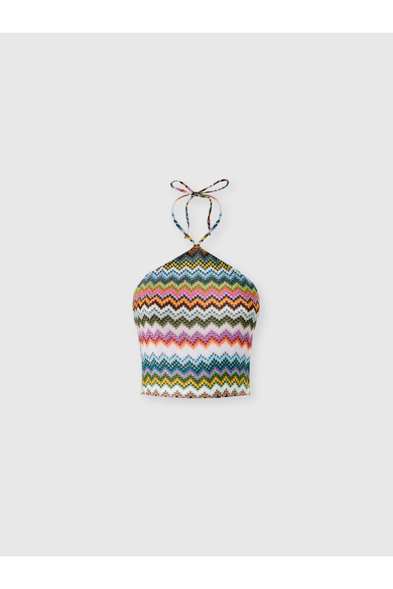 Top In Lamé Viscose With Pixel-effect Zigzag Pattern And Halter Neckline, Alternate, color, Black & Multicoloured