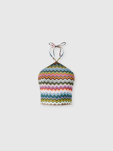 Top In Lamé Viscose With Pixel-effect Zigzag Pattern And Halter Neckline