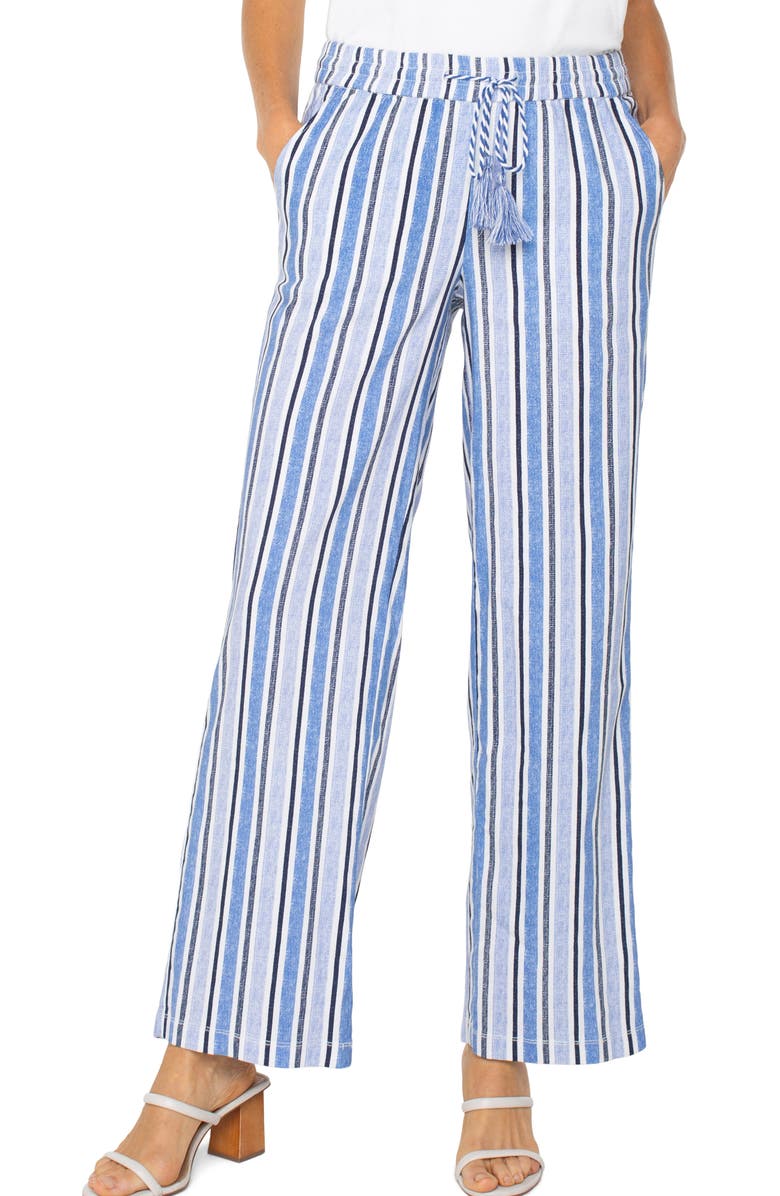 Liverpool Los Angeles Stripe Linen Blend Drawstring Wide Leg Pants, Main, color, White Blue Multi Stripe