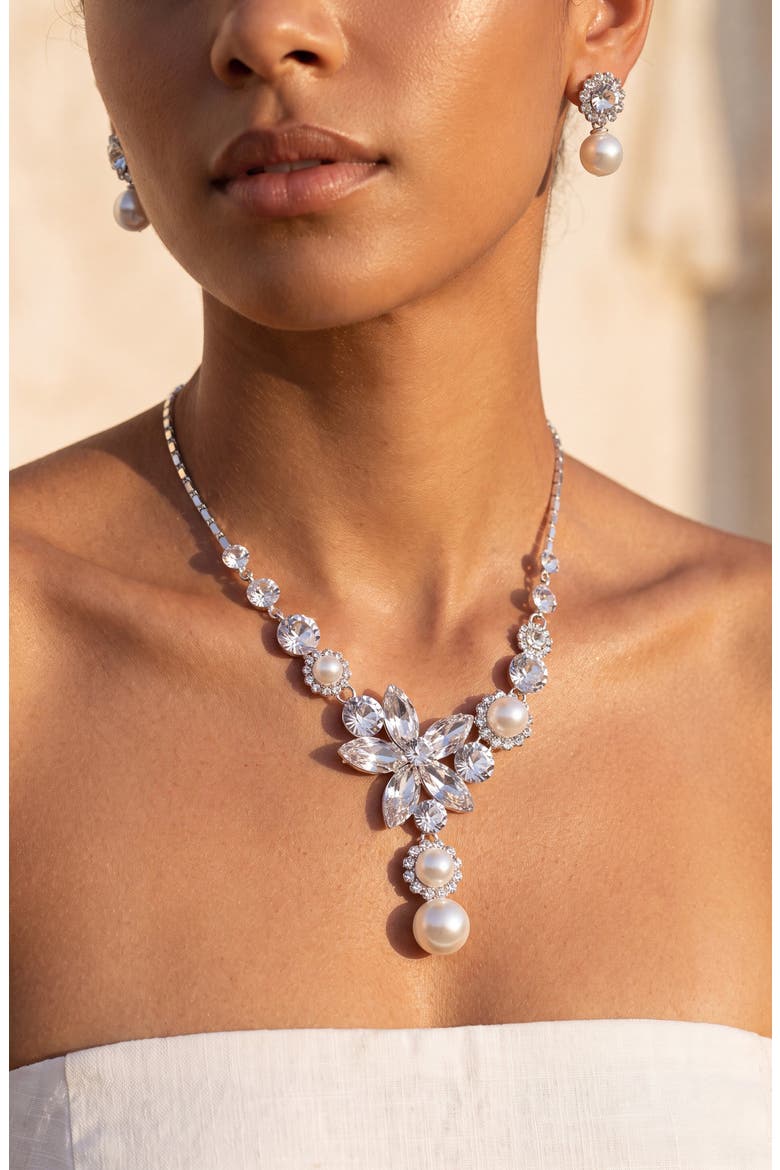 Flower Pearl Drop Necklace and Earrings Set, Alternate, color, Silver