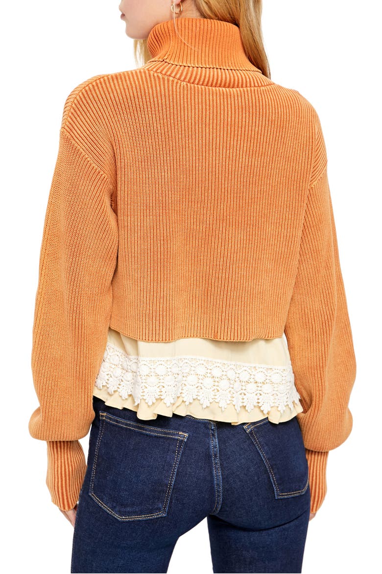 At First Glance Crochet Hem Turtleneck Sweater, Alternate, color, MED ORANGE