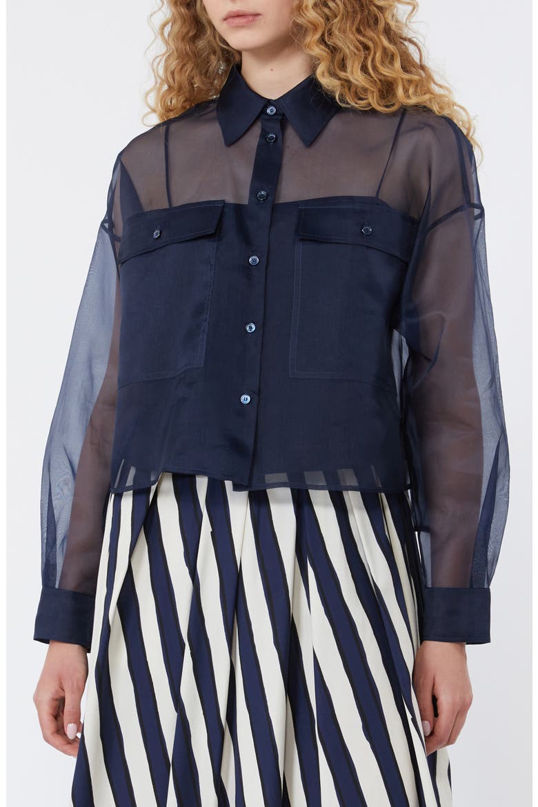 Colomba Long Sleeve Silk Button-Up Shirt, Main, color, NAVY
